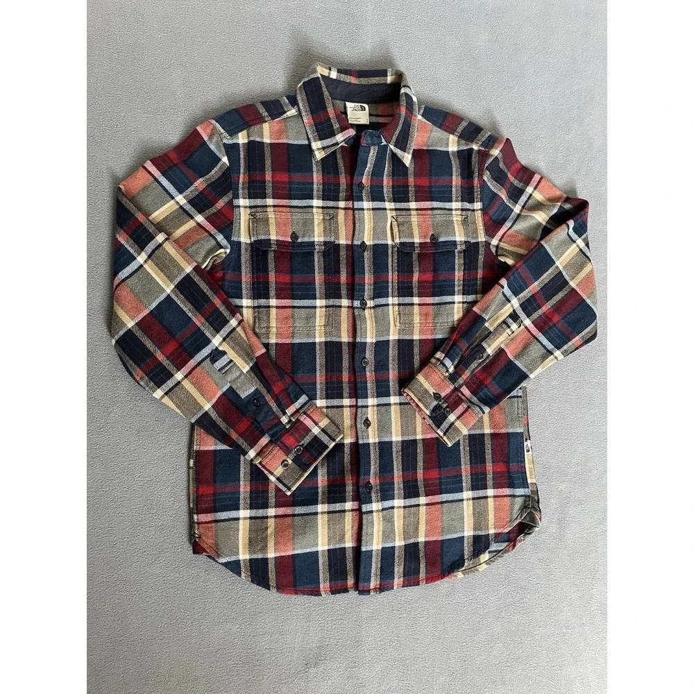 The North Face Button Down‎ Flannel Shirt Men's S/p Blue/red/tan Plaid 2 Pockets